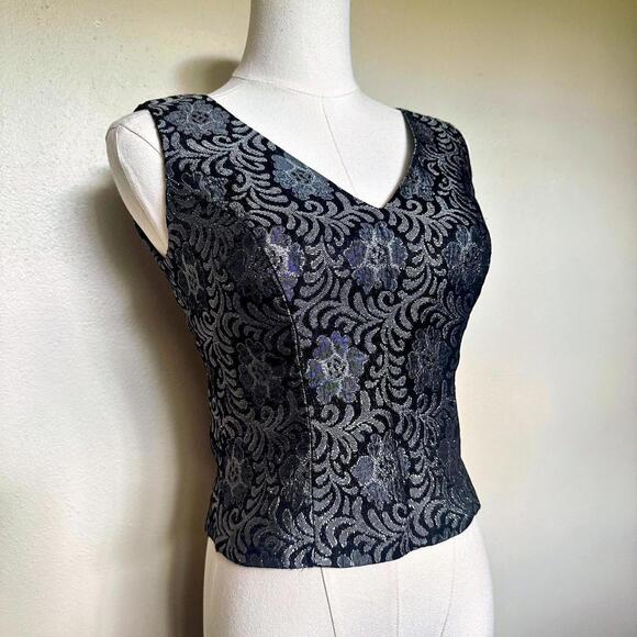 Black, navy blue and silver floral brocade top with a V-neckline! - Picture 1 of 3